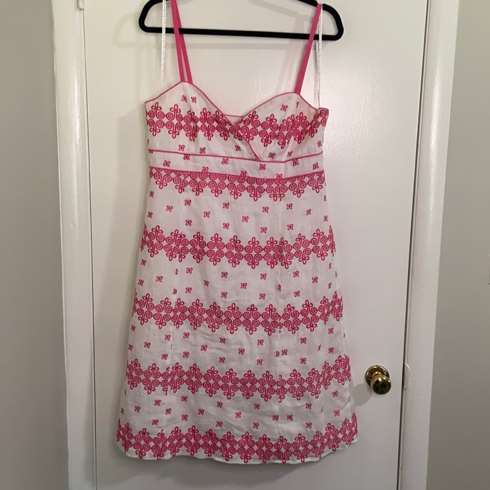 Lilly Pulitzer White & Pink Embroidered Linen lined dress, sz 12